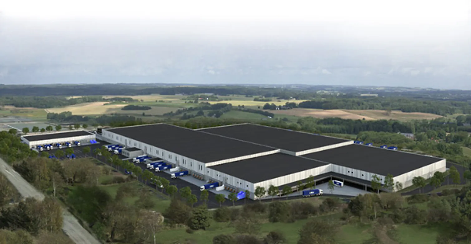 Visionsbild, DSVs nya logistikcenter i Rosersberg.